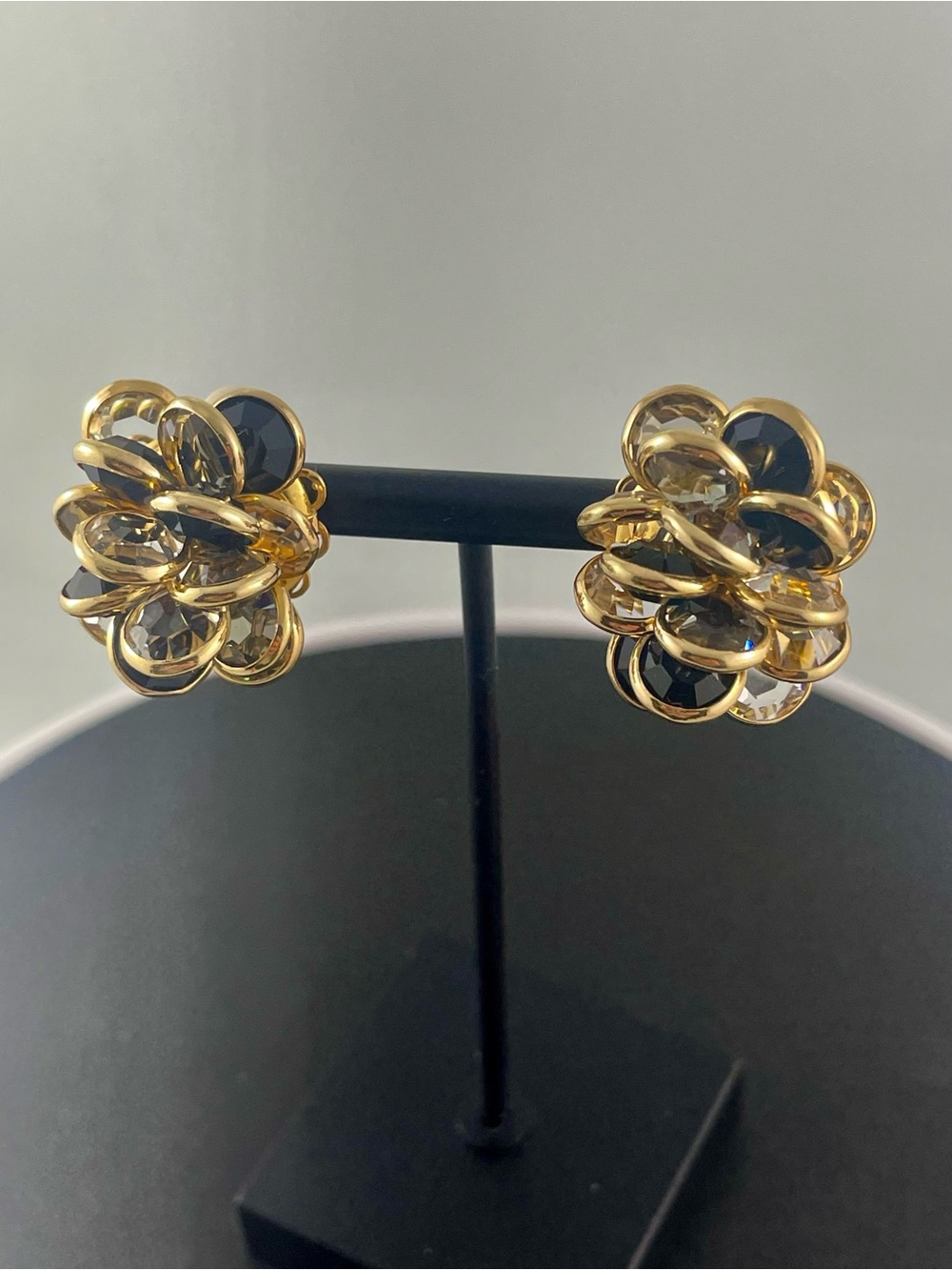 Gold Flower Cluster Earrings with Black and Clear Accents
